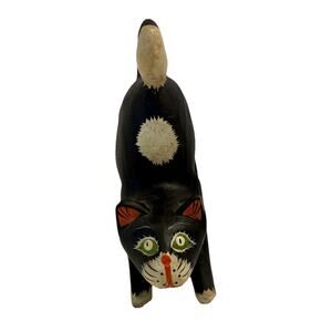 Vintage Black Cat Figurine Stretching Cat Hand Painted Indonesia Folk Art